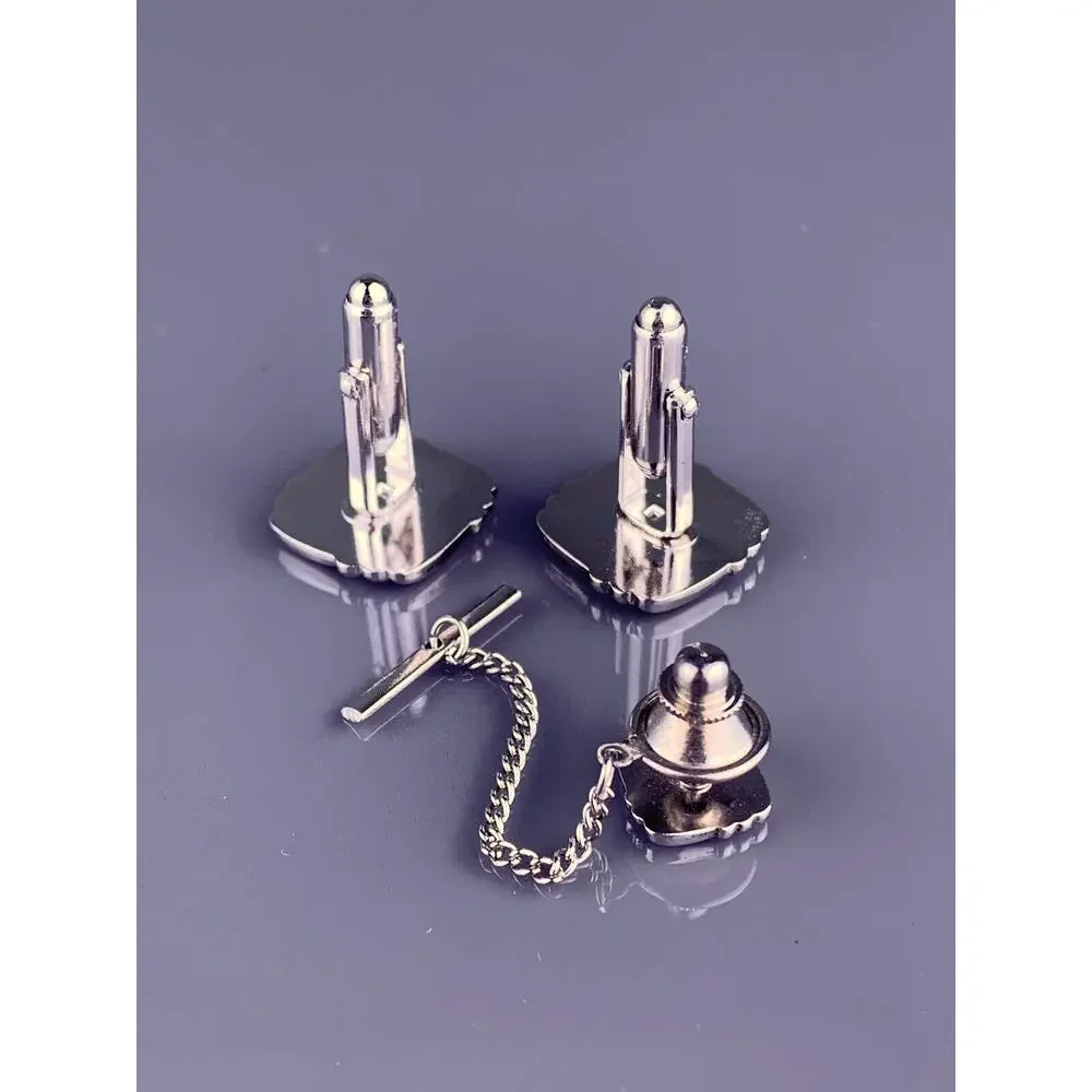 Square Weave Interlocking Cufflinks Tie Tack Pin Silver Tone Anson Vintage